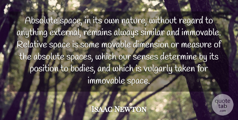 Isaac Newton Quote About Absolute, Determine, Dimension, Immovable, Nature: Absolute Space In Its Own...