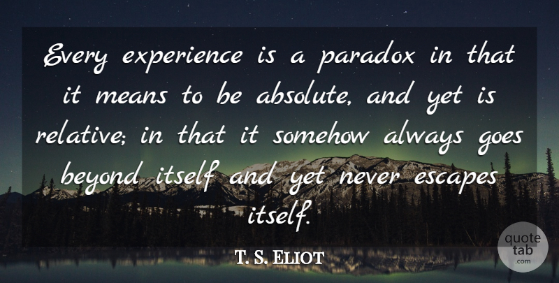 T. S. Eliot Quote About Mean, Paradox, Relative: Every Experience Is A Paradox...