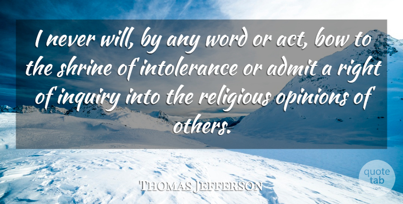 Thomas Jefferson Quote About Religious, Tolerance, Inquiry: I Never Will By Any...