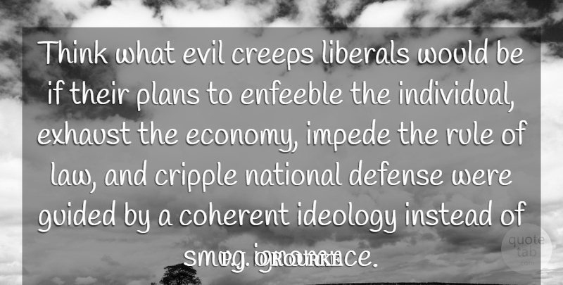 P. J. O'Rourke Quote About Coherent, Creeps, Cripple, Defense, Exhaust: Think What Evil Creeps Liberals...