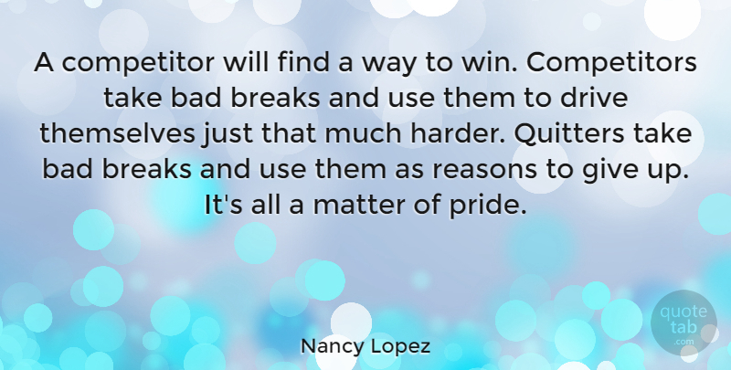Nancy Lopez Quote About Giving Up, Pride, Winning: A Competitor Will Find A...