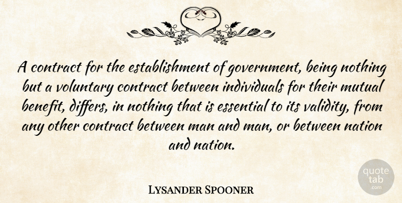 Lysander Spooner Quote About Essential, Government, Man, Mutual, Voluntary: A Contract For The Establishment...
