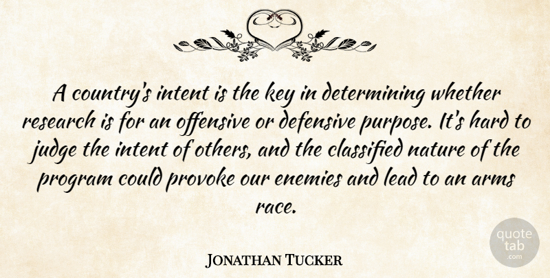 Jonathan Tucker Quote About Arms, Classified, Defensive, Enemies, Hard: A Countrys Intent Is The...