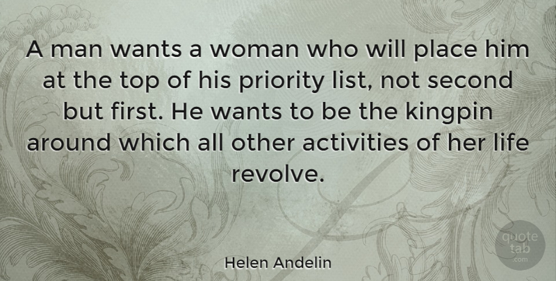 Helen Andelin Quote About Men, Priorities, Want: A Man Wants A Woman...