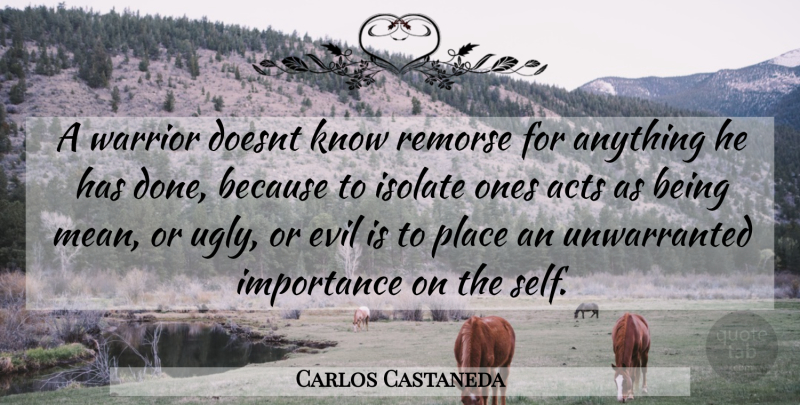 Carlos Castaneda Quote About Acts, Evil, Importance, Isolate, Remorse: A Warrior Doesnt Know Remorse...