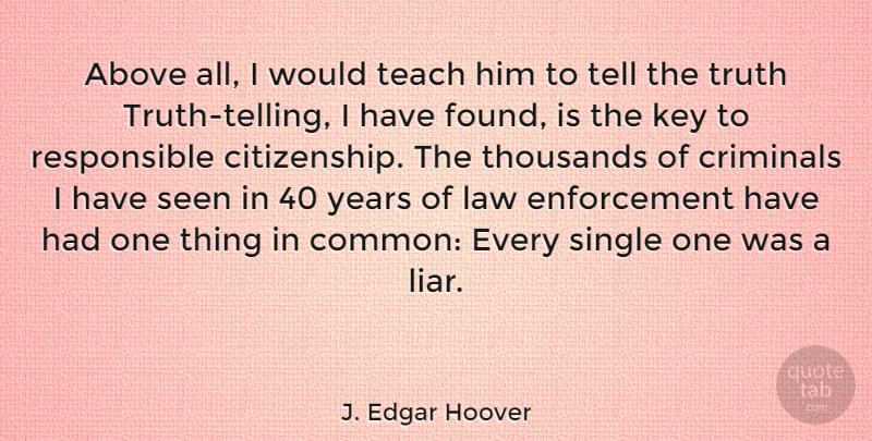 J. Edgar Hoover Quote About Liars, Lying, Keys: Above All I Would Teach...