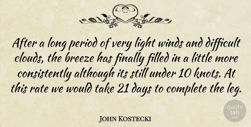 John Kostecki Quote About Although, Breeze, Complete, Days, Difficult: After A Long Period Of...