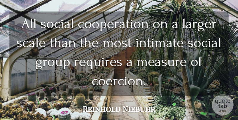 Reinhold Niebuhr Quote About Coercion, Groups, Cooperation: All Social Cooperation On A...