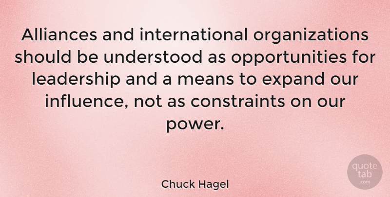 Chuck Hagel Quote About Leadership, Mean, Opportunity: Alliances And International Organizations Should...