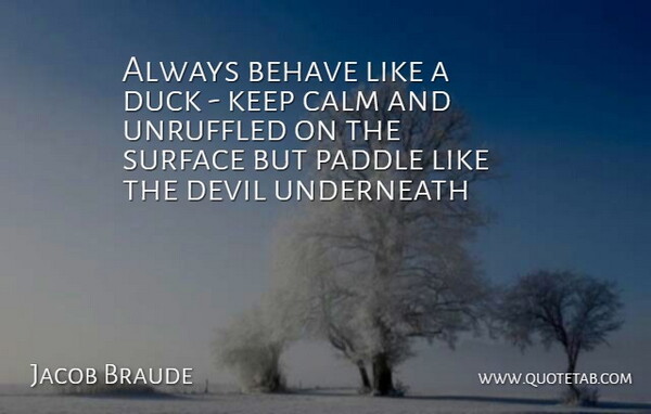 Jacob Braude Quote About Behave, Calm, Devil, Duck, Surface: Always Behave Like A Duck...