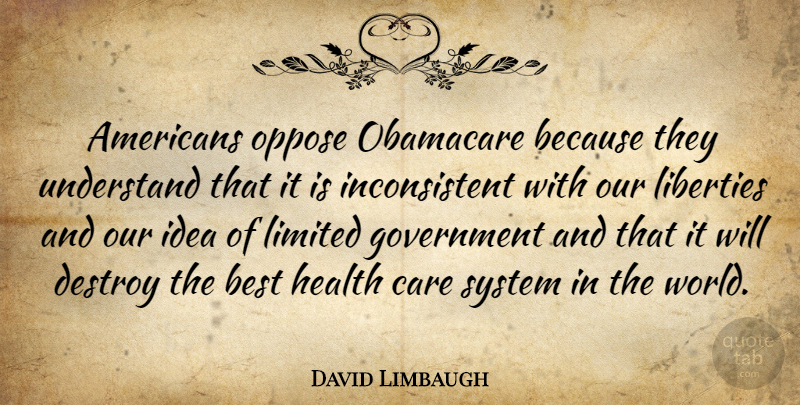 David Limbaugh Quote About Ideas, Obamacare, Government: Americans Oppose Obamacare Because They...