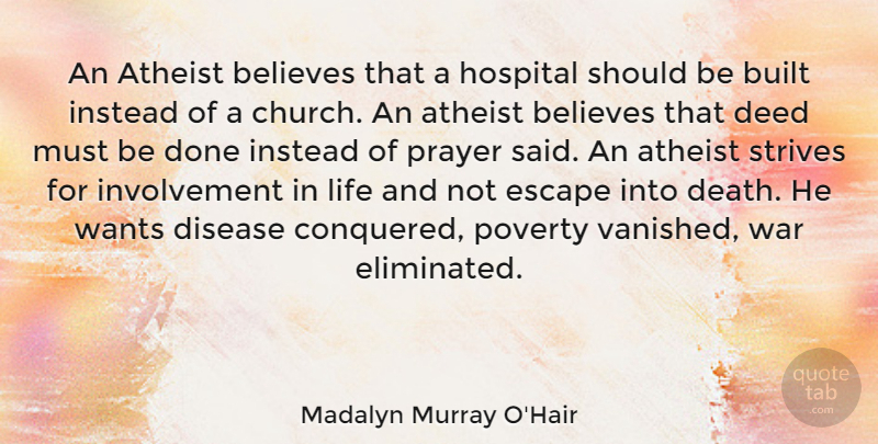 Madalyn Murray O'Hair Quote About Motivational, Atheist, Prayer: An Atheist Believes That A...