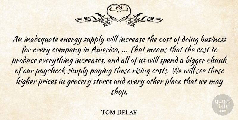 Tom DeLay Quote About America, Bigger, Business, Chunk, Company: An Inadequate Energy Supply Will...