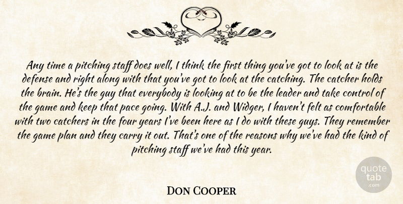 Don Cooper Quote About Along, Carry, Catcher, Control, Defense: Any Time A Pitching Staff...