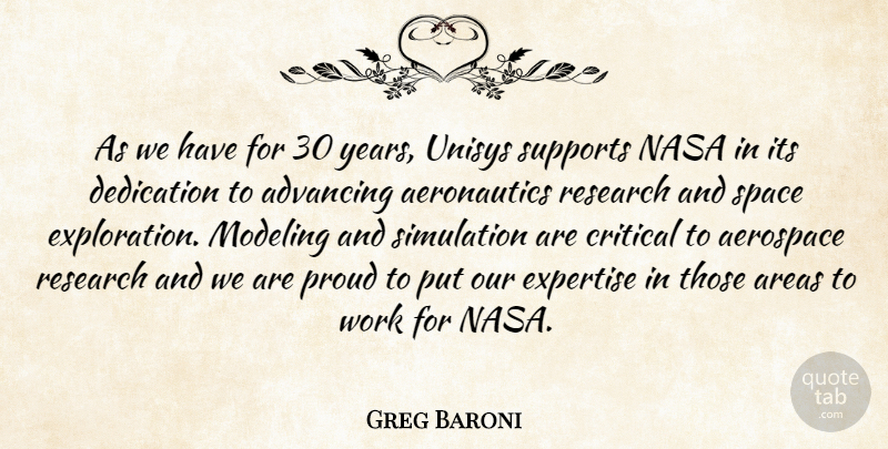 Greg Baroni Quote About Advancing, Aerospace, Areas, Critical, Dedication: As We Have For 30...