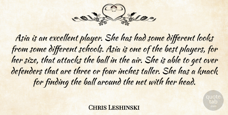 Chris Leshinski Quote About Asia, Attacks, Ball, Best, Defenders: Asia Is An Excellent Player...