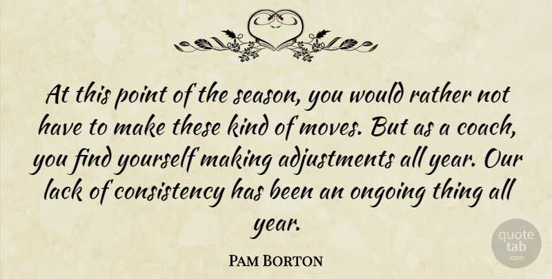 Pam Borton Quote About Consistency, Kindness, Lack, Ongoing, Point: At This Point Of The...