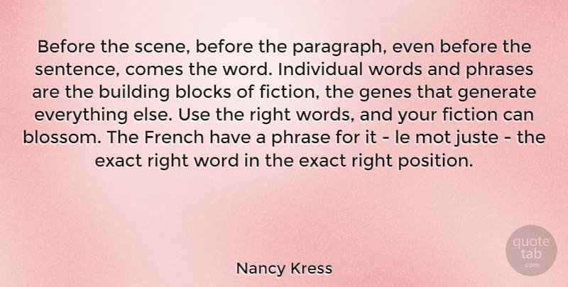 Nancy Kress Quote About Blocks, Exact, Fiction, French, Generate: Before The Scene Before The...