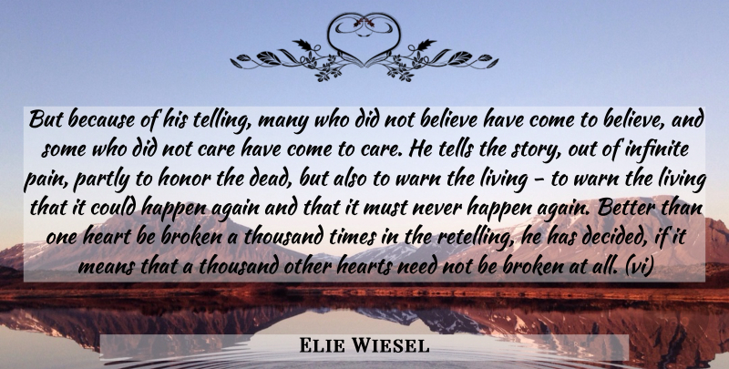 Elie Wiesel Quote About Pain, Believe, Heart: But Because Of His Telling...