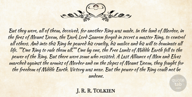 J. R. R. Tolkien Quote About Against, Alliance, Armies, Control, Dark: But They Were All Of...