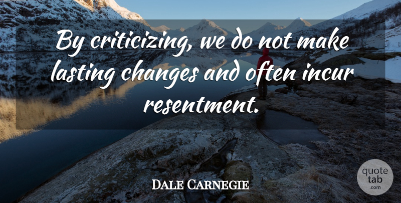 Dale Carnegie Quote About Lasting Change, Resentment, Criticize: By Criticizing We Do Not...