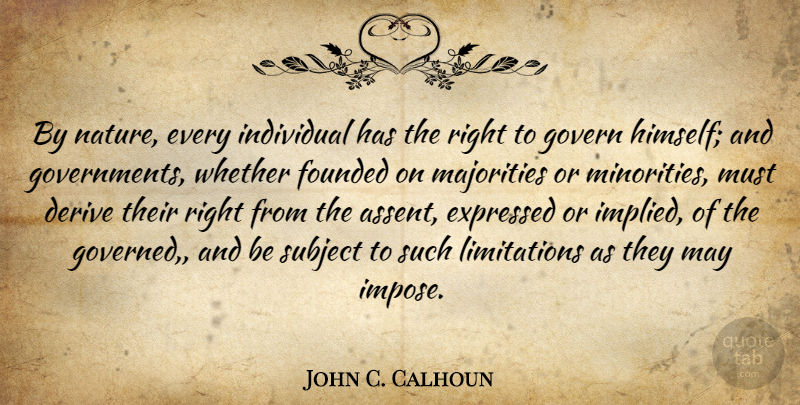 John C. Calhoun Quote About Derive, Expressed, Founded, Govern, Nature: By Nature Every Individual Has...