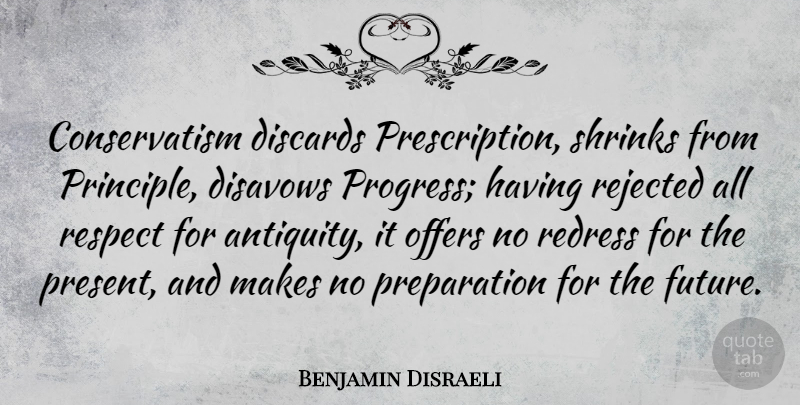 Benjamin Disraeli Quote About Political, Preparation, Progress: Conservatism Discards Prescription Shrinks From...