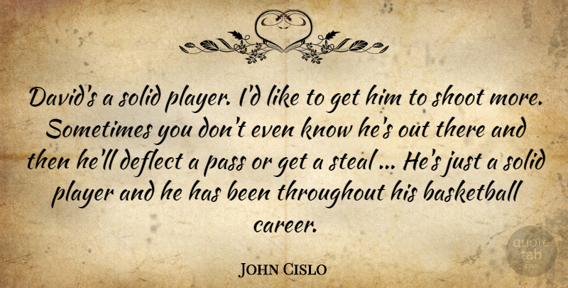 John Cislo Quote About Basketball, Deflect, Pass, Player, Shoot: Davids A Solid Player Id...