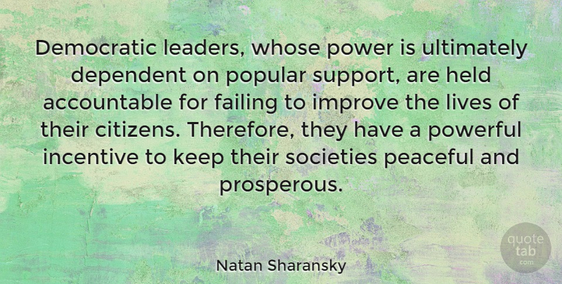 Natan Sharansky Quote About Powerful, Support, Leader: Democratic Leaders Whose Power Is...