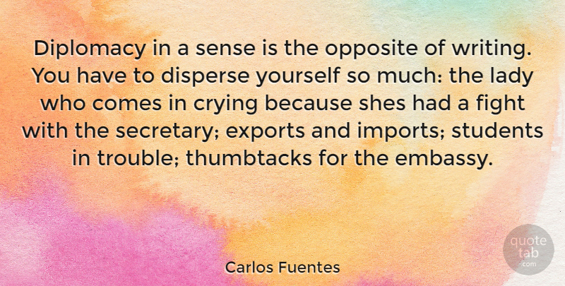 Carlos Fuentes Quote About Writing, Fighting, Opposites: Diplomacy In A Sense Is...