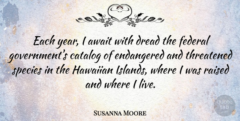 Susanna Moore Quote About Await, Catalog, Dread, Endangered, Federal: Each Year I Await With...