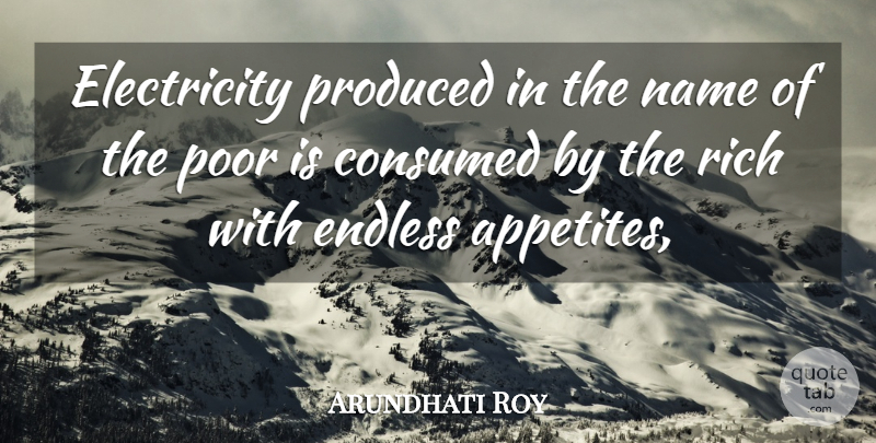 Arundhati Roy Quote About Consumed, Electricity, Endless, Name, Poor: Electricity Produced In The Name...