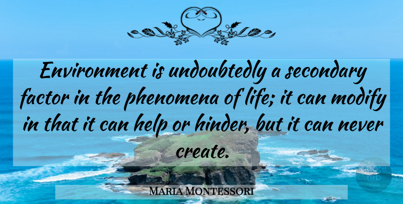 Maria Montessori Quote About Helping, Environment, Hinder: Environment Is Undoubtedly A Secondary...