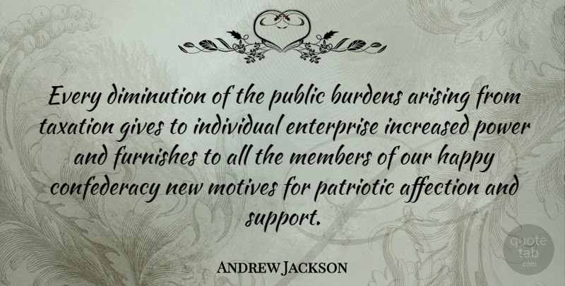 Andrew Jackson Quote About Affection, Arising, Burdens, Enterprise, Furnishes: Every Diminution Of The Public...