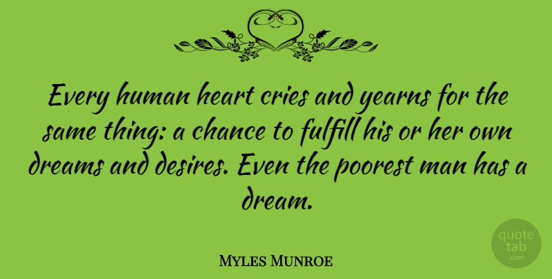 Myles Munroe Quote About Chance, Cries, Dreams, Fulfill, Heart: Every Human Heart Cries And...