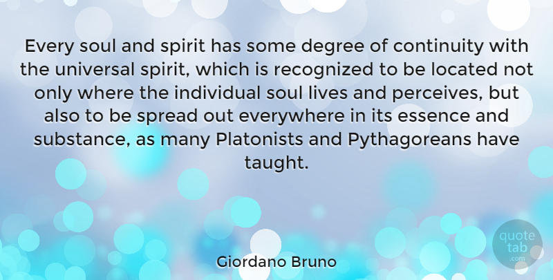 Giordano Bruno Quote About Continuity, Degree, Essence, Everywhere, Lives: Every Soul And Spirit Has...