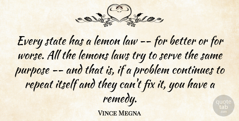 Vince Megna Quote About Continues, Fix, Itself, Law, Laws: Every State Has A Lemon...