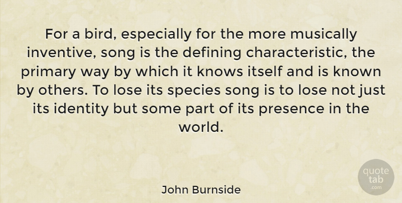 John Burnside Quote About Defining, Itself, Known, Knows, Lose: For A Bird Especially For...