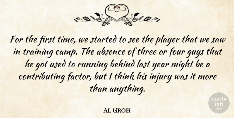 Al Groh Quote About Absence, Behind, Four, Guys, Injury: For The First Time We...