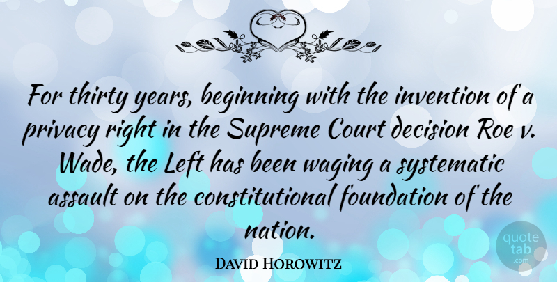 David Horowitz Quote About Years, Decision, Waging War: For Thirty Years Beginning With...