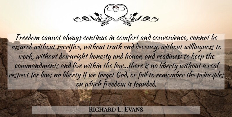 Richard L. Evans Quote About Honesty, Real, Sacrifice: Freedom Cannot Always Continue In...