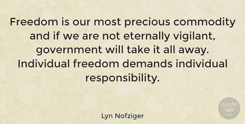 Lyn Nofziger Quote About Responsibility, Government, Demand: Freedom Is Our Most Precious...