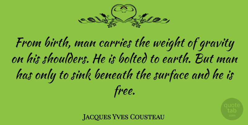 Jacques Yves Cousteau Quote About Ocean, Men, Free Diving: From Birth Man Carries The...