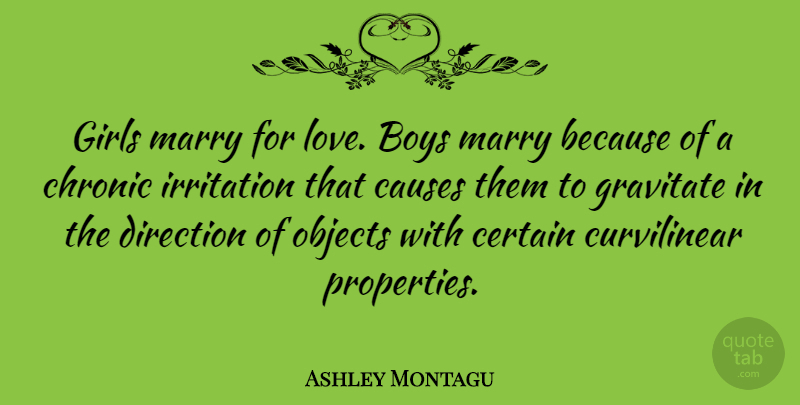 Ashley Montagu Quote About Girl, Boys, Irritation: Girls Marry For Love Boys...