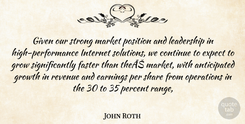 John Roth Quote About Continue, Earnings, Expect, Faster, Given: Given Our Strong Market Position...