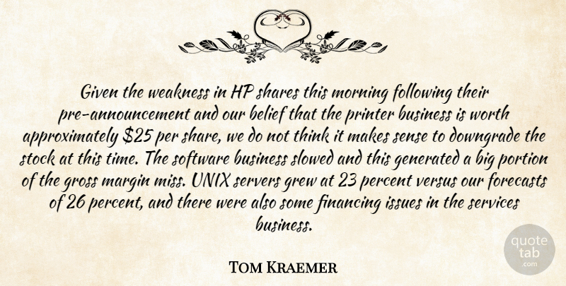 Tom Kraemer Quote About Belief, Business, Financing, Following, Forecasts: Given The Weakness In Hp...