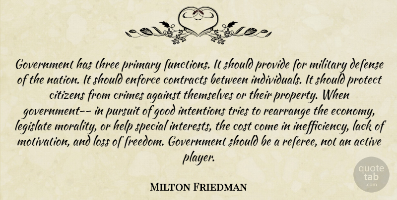 Milton Friedman Quote About Motivation, Military, Loss: Government Has Three Primary Functions...
