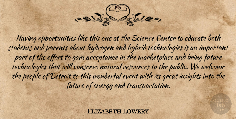 Elizabeth Lowery Quote About Acceptance, Both, Bring, Center, Conserve: Having Opportunities Like This One...