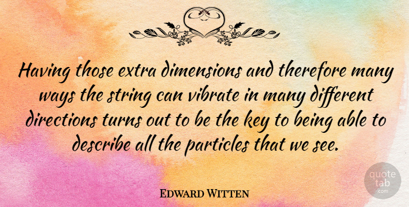 Edward Witten Quote About Describe, Directions, Particles, String, Therefore: Having Those Extra Dimensions And...