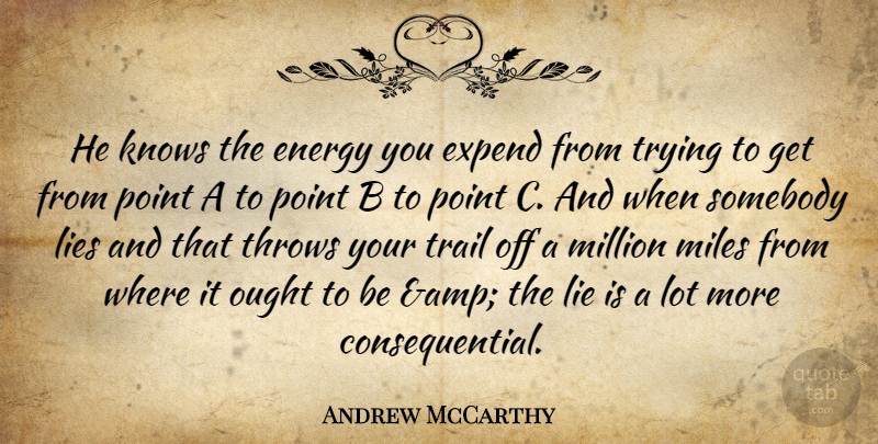 Andrew McCarthy Quote About Energy, Knows, Lies, Miles, Million: He Knows The Energy You...